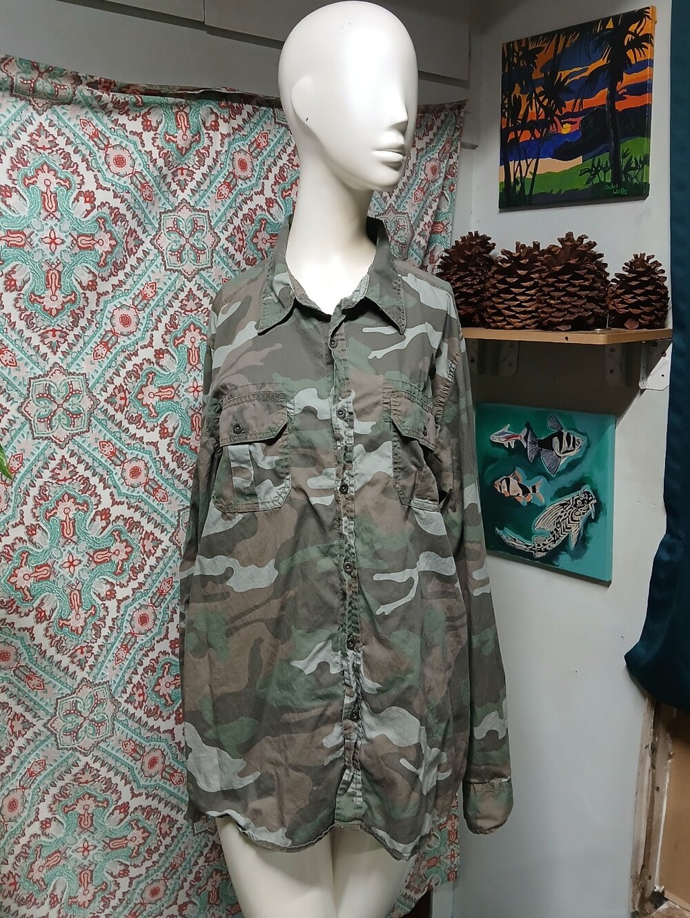 No Boundaries Men's Green Camo Button Up Shirt, Size XL (46-48)